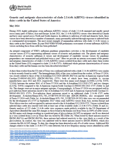 Genetic and antigenic characteristics of clade 2.3.4.4b A(H5N1) viruses identified in dairy cattle in the United States of America