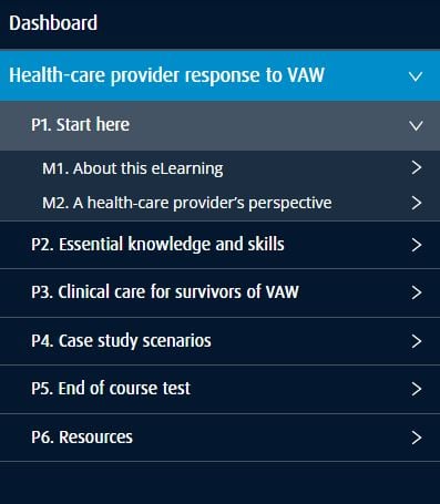 Screenshot of the e-learning platform menu