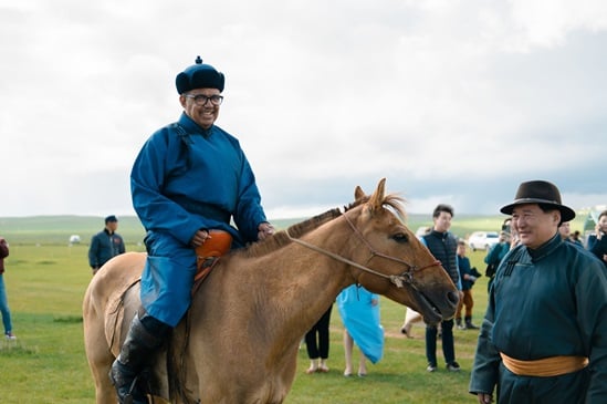 WHO Director-General with Mongolia Minister of Health Sodnom Chinzorig at the Naadam Festival on 11 July 2023.